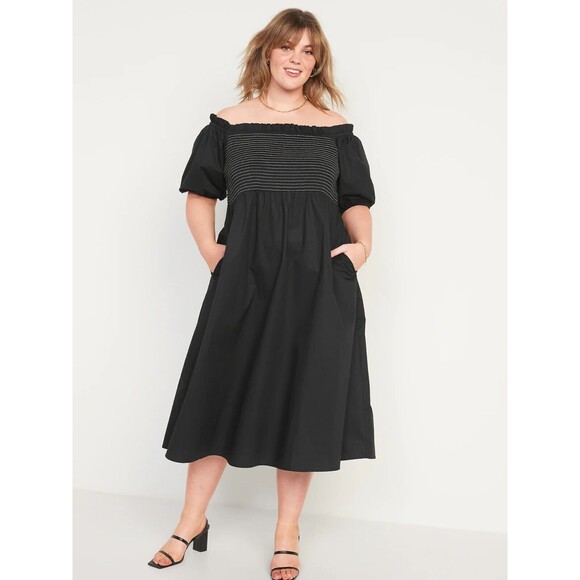 Old Navy Dresses & Skirts - NWT Old Navy Midi Dress Smocked Puff Sleeve Off Shoulder Plus Size 3X Black